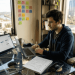 Young man automating crypto trades with laptop