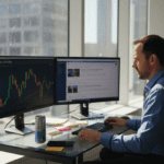 Crypto analyst reviews market charts at office desk