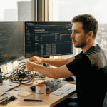 Trader setting up crypto bot in office