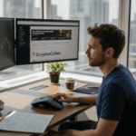 Crypto trader at desk watching trading screens