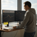 Investor reviews crypto charts in bright office