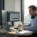 Man linking crypto exchange accounts at desk