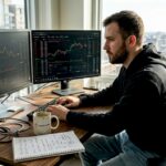 Crypto trader at dual-screen workstation