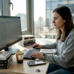 Crypto investor reviewing analytics in office