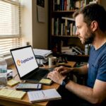 Man trading crypto in home office