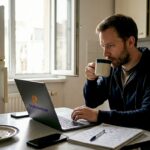 Man trades crypto in casual home kitchen