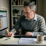 Investor reviewing crypto risk spreadsheet at desk