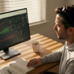 Man reviewing crypto portfolio in home office