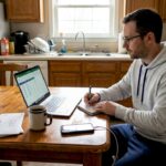 Crypto investor comparing fees at kitchen table