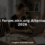 Woman browsing crypto forum at apartment table