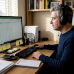 Man checks crypto data in home office