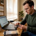 Man configuring crypto hardware wallet at desk
