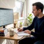 Investor studying crypto charts at home desk