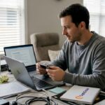 Man securing crypto wallet at dining table