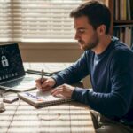 Person securing cryptocurrency wallet at home desk