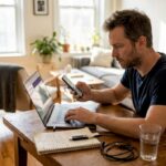 Crypto investor reviews transactions at home