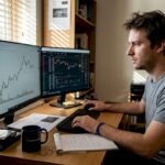 Trader analyzes cryptocurrency charts at home desk