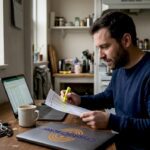 Man reviewing crypto tax documents at kitchen table