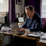 Man securing crypto wallet in home office