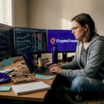 Woman monitoring crypto data at home office