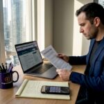 Investor reads cryptocurrency regulations at home desk