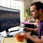 Crypto investor monitors trading trends at home